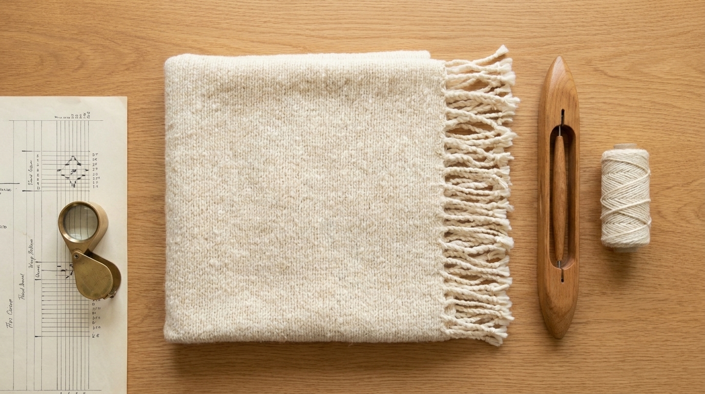The finished wool shawl folded beside a wooden shuttle