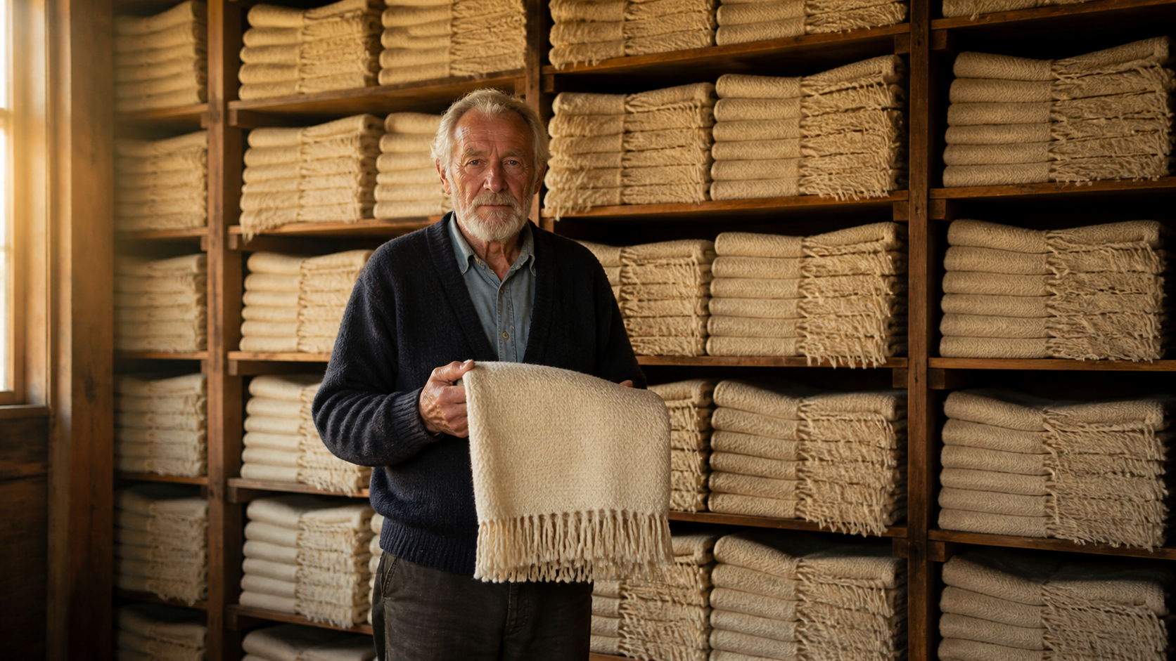 Erik with the final shawls on the workshop shelves