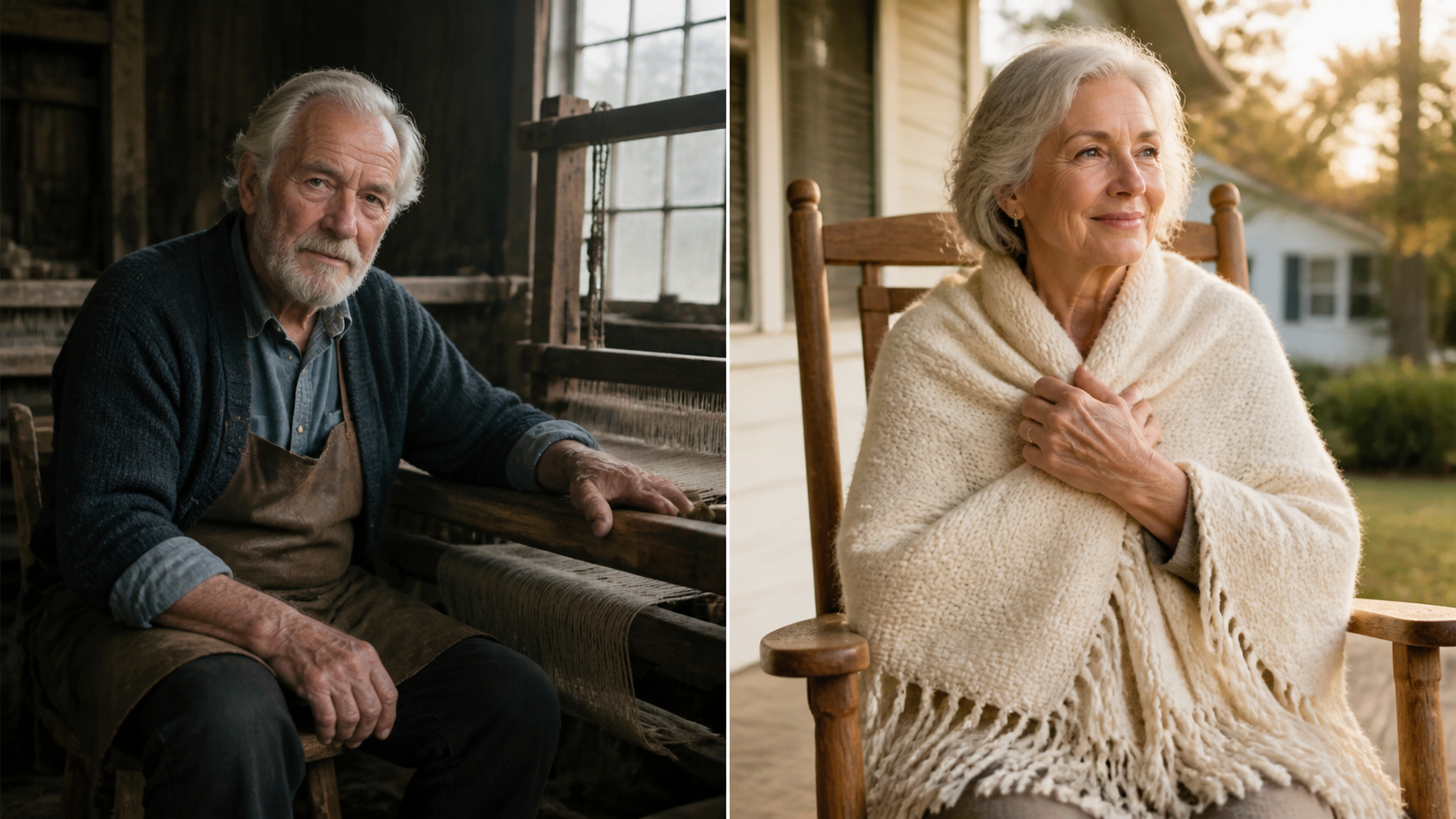 Erik Halvorsen at his loom, and a reader wrapped in the shawl on her porch